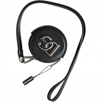 Dolce & Gabbana Black Round Leather DG Logo Coin Purse Lanyard Wallet