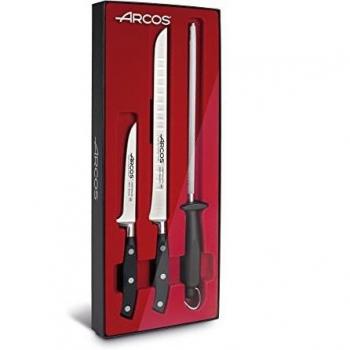 Arcos Serie Riviera, Set Jamonero de 3 piezas, 1 Cuchillo Jamonero + 1 Deshuesador + 1 Chaira, Hoja de Acero Inoxidable Forjado Nitrum, Mango de Polioximetileno, POM, Color Negro