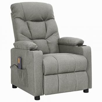 Sillón de masaje elevable con tela gris claro y función de ayuda para levantarse