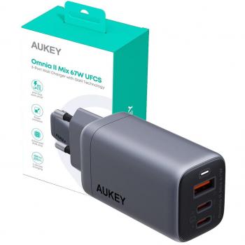 Cargador de Red Aukey PA-B6U Omnia II Mix 1x USB-A, 2x USB-C, Power Delivery 3.0, 67W, Tecnología GaN
