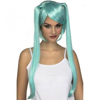 Peluca Anime Azul Larga con Coletas