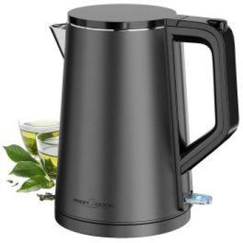 Hervidor de agua ProfiCook 1,5L 2200W Acero inoxidable doble pared manejo con una sola mano base con recogecables color gris antracita