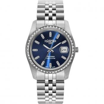 Reloj analógico de cuarzo para mujer Roamer Swiss® Positano 34 mm, Plata/azul