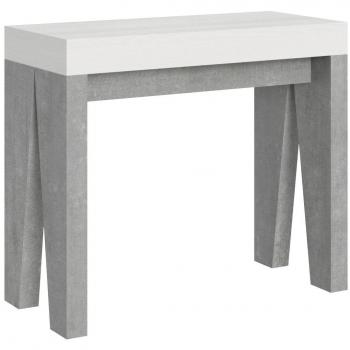 Consola extensible blanca con patas de madera gris cemento para 12 personas, de 40 a 300 cm, soporte Naxo de 2 pies
