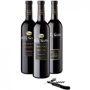 Pata Negra - Lote de 3 Botellas con D.O Valdepeñas y Sacacorchos de Regalo, Pack de 3 botellas x 75 cl