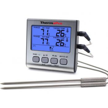 ThermoPro TP17 Termómetro Cocina Digital de Doble Sonda con Modo Temporizador Termómetros de Barbacoa con Grande Retroiluminación de LCD para BBQ Carne Alimentos Líquido Parrilla Horno