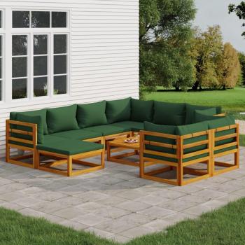10-Piece Solid Wood Garden Lounge Set with Green Cushions