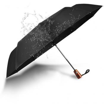 Paraguas Plegables Resistente al Viento Antiviento Paraguas Compacto Apertura y Cierre Automaticos 210T Impermeable con Mango de Madera para Hombres / Mujeres- Negro