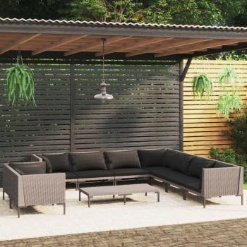 10-Piece Dark Grey Poly Rattan Garden Lounge Set with Cushions
