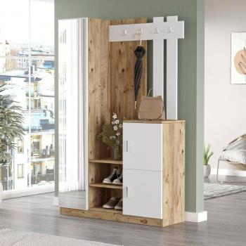 Mueble de Entrada Australis - Consola Multifuncional para Atrio con Perchas, 114x38h180 cm, Roble y Blanco