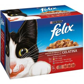 Felix Selección de Carnes en Gelatina Multipack para Gatos Adultos - Surtido de Buey, Pollo, Pato y Conejo - 12x85g