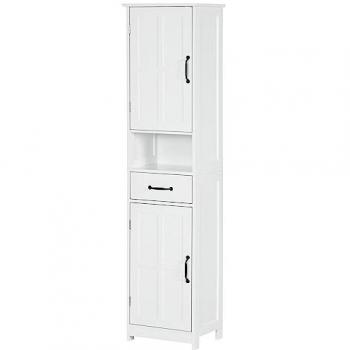 Kleankin Columna de Baño Mueble Auxiliar con 2 Puertas, 1 Cajón, Estante Abierto y Estantes Ajustables Antivuelco, Dimensiones: 40x30x164 cm, Color