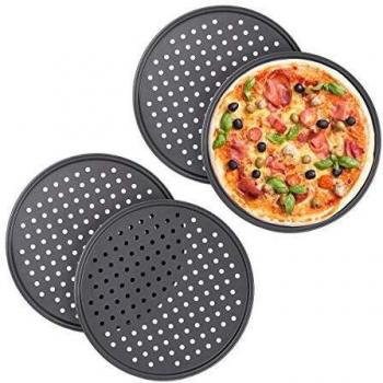 Set de 4 bandejas para pizza redondas, perforadas, antiadherentes, acero al carbono, ∅32 cm - Relaxdays