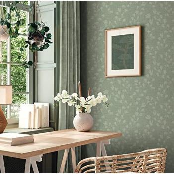 Papel Pintado Nara 387473, Vliestapete Floral Verde, Mate, Diseño Moderno para Sala, Dormitorio y Cocina, 10.05 x 0.53 m