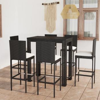 7-Piece Outdoor Bar Set with Cushions in Black Poly Rattan