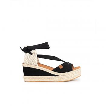 Sandalias de cuña de mujer Popa de piel atadas con lazada, modelo Valdes, serraje color negro, CB24101