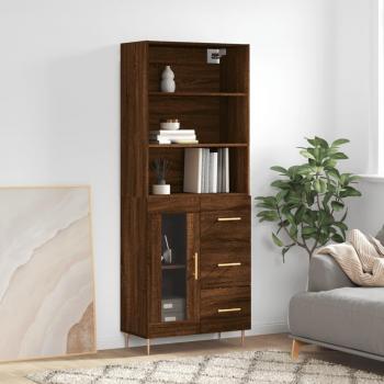 Aparador alto de madera contrachapada marrón roble 69,5x34x180 cm con 1 puerta de cristal y 3 cajones, mueble de almacenaje para salón, buffet y armario auxiliar