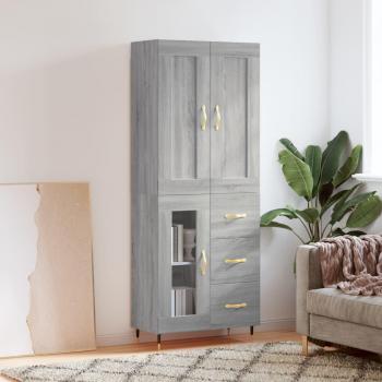 Aparador alto de madera contrachapada gris sonoma 69,5x34x180 cm con 1 puerta de cristal y 3 cajones, mueble de almacenaje para salón