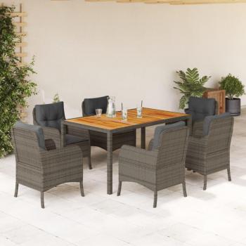 7-Piece Gray Poly Rattan Garden Dining Set with Cushions