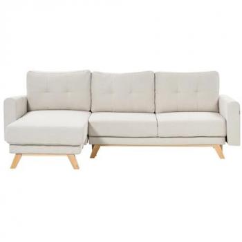 Sofá Esquinero Derecho Beige de Tela con Función Cama, Respaldo Acolchado y Patas de Madera