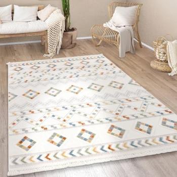 Alfombra de salón étnica con dibujo geométrico y flecos, pelo corto, moderna, tamaño 80x150 cm, color multicolor 6