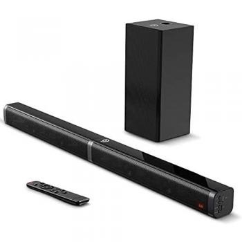 BOWMAKER Tech Barra de Sonido 2.1 Canales para TV 100W con Subwoofer, Potencia 110 dB, Bluetooth 5.0, 5 Modos de Sonido, Óptico, 3,5 mm AUX, USB, para Cine en Casa, Tapio V