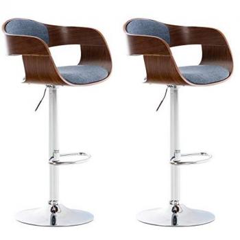 Set de 2 Taburetes Altos Kingston con Estructura de Madera y Tapizado en Tela Nuez/Azul, Ajustables en Altura y Giratorios