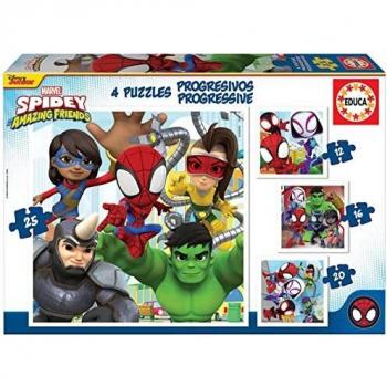 Educa - Progresivos Spidey & His Amazing Friends 12-16-20-25, 4 Puzzles progresivos de cartón con 12-16-20-25