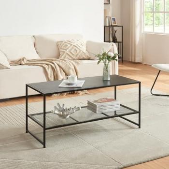 Mesa de Centro Rectangular Ruokolahti con Estante Inferior de Rejilla de Acero - 102x43x46 cm - Negro Mate