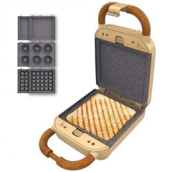 Sandwichera Vintage Cecotec Rock'Ntoast Retro One Amarilla 700W, 3 Placas Intercambiables, Diseño Retro, Revestimiento Rockstone, Indicador Luminoso y Base Antideslizante
