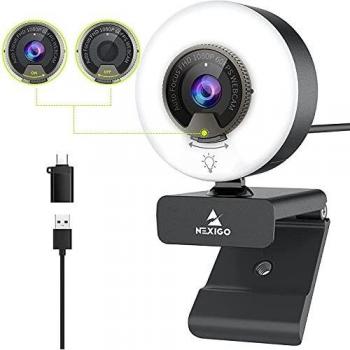 2021 Webcam AutoFocus de 60FPS con Luz de Anillo y Cubierta de Privacidad, NexiGo N620E 1080P Cámara Web, Micrófonos Estéreo Duales, para Zoom, Skype, Teams