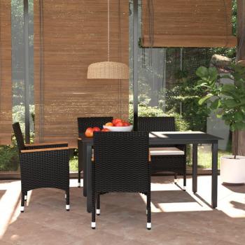 5-Piece Black Poly Rattan Garden Dining Set with Cushions