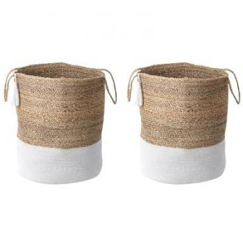 Conjunto de 2 cestas de almacenamiento de yute y algodón blanco y natural de 50 cm para lavandería estilo boho