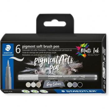 Staedtler Pigment Arts Pack de 6 Rotuladores Punta de Pincel Suave - Colores Grises y Negros - Tinta Multi Ink No Amarilleante - Pigmentos de Alta Calidad