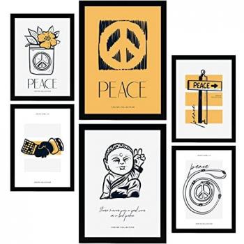 Set de 6 Posters Artísticos en Tinta Negra con Símbolo de la Paz y Diseño Marítimo, Tamaños A3 y A4, Marcos Negros