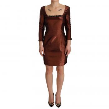 Gianfranco Ferré Metallic Brown Long Sleeves Square Neck Sheath Dress - IT40|S, Elegant Bronze Square Neck Dress, Brown female, Sizes: XS