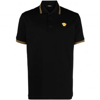 Versace Men's Black Piquet Polo Shirt with Greca Detailing and Medusa - Size XL