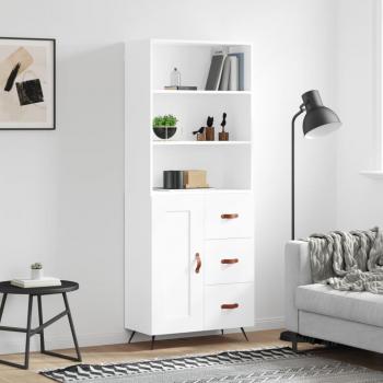 Aparador alto de madera contrachapada blanco 69,5x34x180 cm con 1 puerta de madera y 3 cajones, mueble de almacenaje moderno para salón