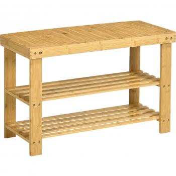 HOMCOM Banco Zapatero de Bambú con Asiento y 2 Estantes para 6-9 Pares de Zapatos Entrada Salón Dormitorio 70x28x45 cm Color Natural