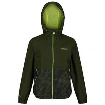 Regatta Haskel-Chaqueta Técnica Impermeable, Completamente Forrada, con Capucha Y Elementos Reflectantes Jackets Waterproof Shell, Unisex niños, Racing Green/Camo, 15-16