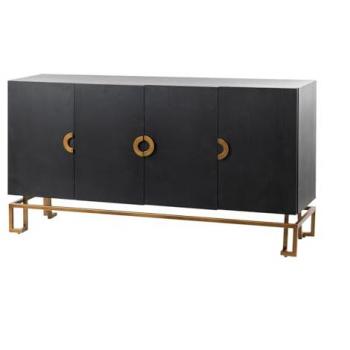 Aparador Multifuncional Negro-dorado de Metal y Madera para Almacenamiento Organizado en Decoración del Hogar, Dimensiones: 152x40x82 cm