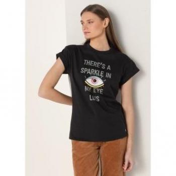 Camiseta gráfica de manga corta Lois Jeans para mujer en color negro