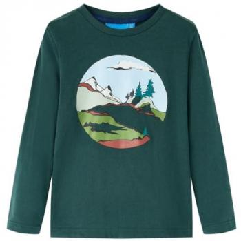 Camiseta Infantil Manga Larga Estampado Montaña Árboles Jersey Verde Oscuro 104