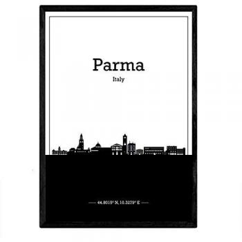 Póster A3 de Parma, Italia - Lámina con Skyline y Sombra Negra, Sin Marco