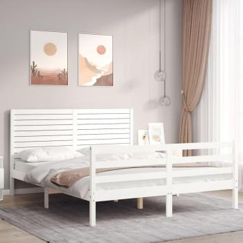 Cama king size de madera maciza con cabecero blanco