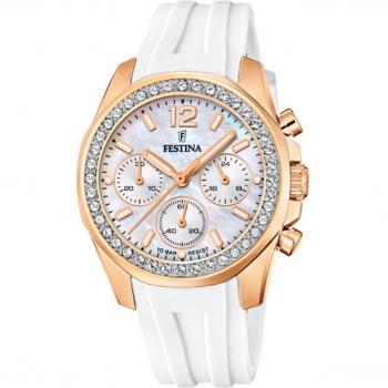 Reloj Festina Rainbow Boyfriend F20611/1 para Mujer, Analógico, Esfera Beige, Caja de Acero Inoxidable 316L Rosa, Correa de Caucho Blanco