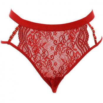 Tanga de Hilo Kisses & Love con Encaje y Cinta en la Cintura - Rojo - Talla L/XL