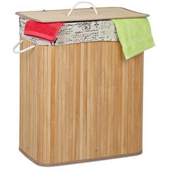 Cesta de Ropa Sucia de Bambú, 2 Compartimentos, con Tapa, 64 x 55 x 34.5 cm, Saco Extraíble, Natural
