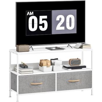 Mueble de TV Homcom con Estante y 2 Cajones Plegables, para Televisores hasta 47 Pulgadas, Largo de 98 cm, Blanco y Gris