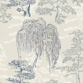 Oriental Garden Floral Trees Wallpaper - Soft Blue and Neutral with Metallic Accents